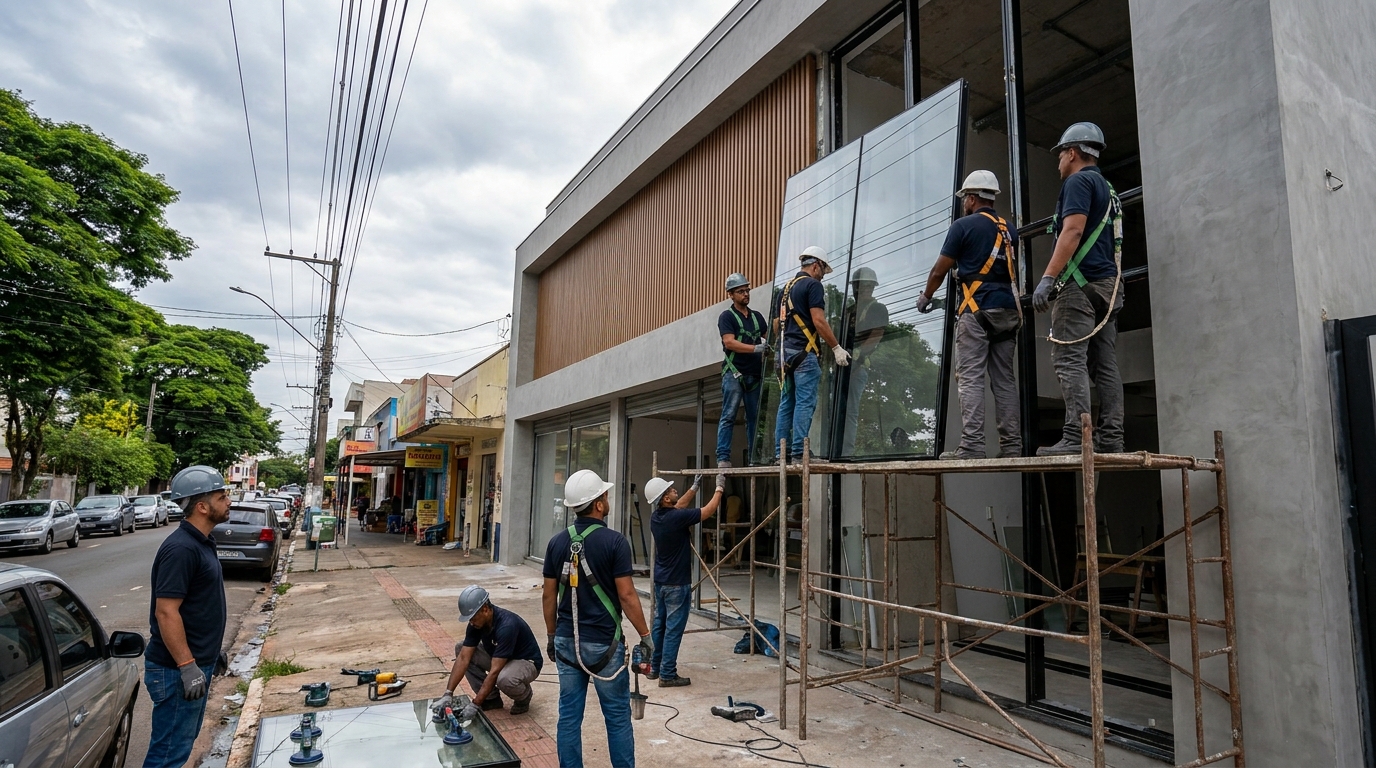 Fachada de vidro com andaime lateral em Contagem-MG