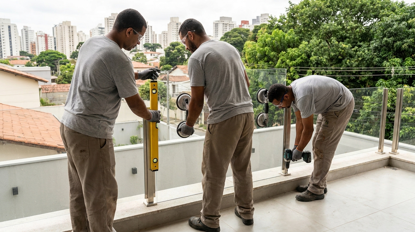 Guarda-corpo em terraço alto com vista cidade em Contagem-MG