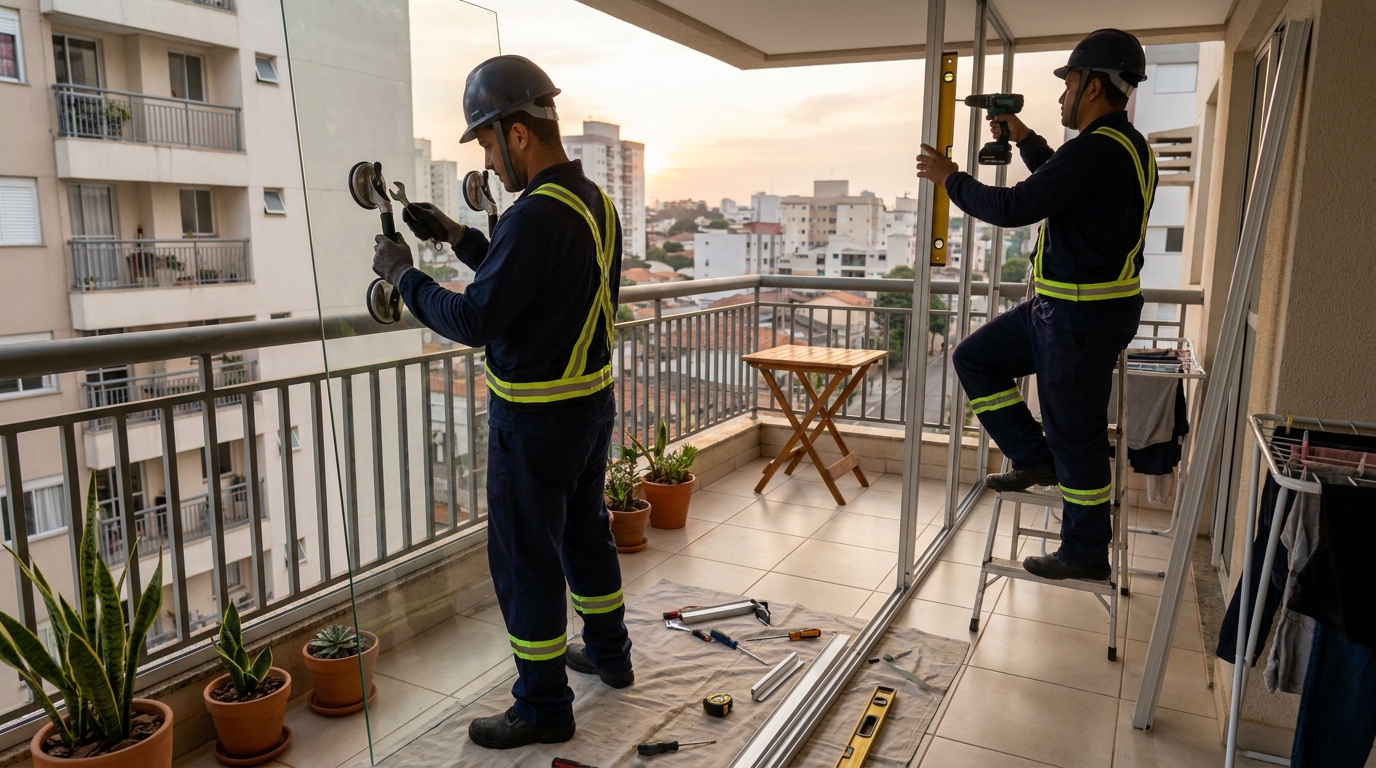 Instalação de parede de vidro em sacada em Contagem-MG